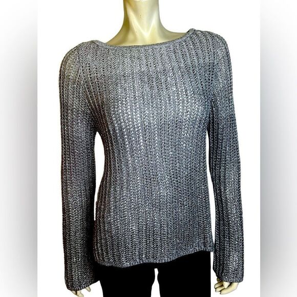 White House Black Market NWOT L/S Ombré Silver Sequined Sweater Size Medium - Picture 4 of 5